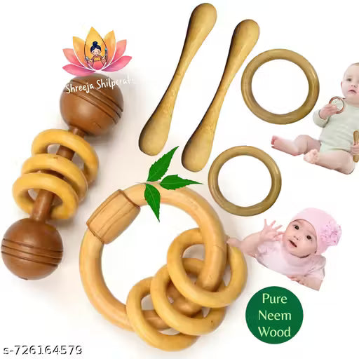 Premium Neem Wood Handmade Rattle Set with Neem Teether - Perfect Baby Shower Gift | Eco-Friendly & Chemical-Free Toys for Infants