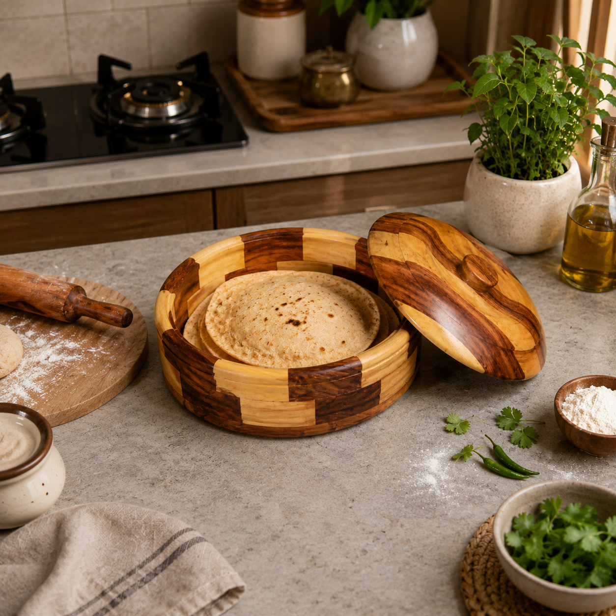 Wooden Chapati Box Natural Finish Wooden Chapati Box for Kitchen