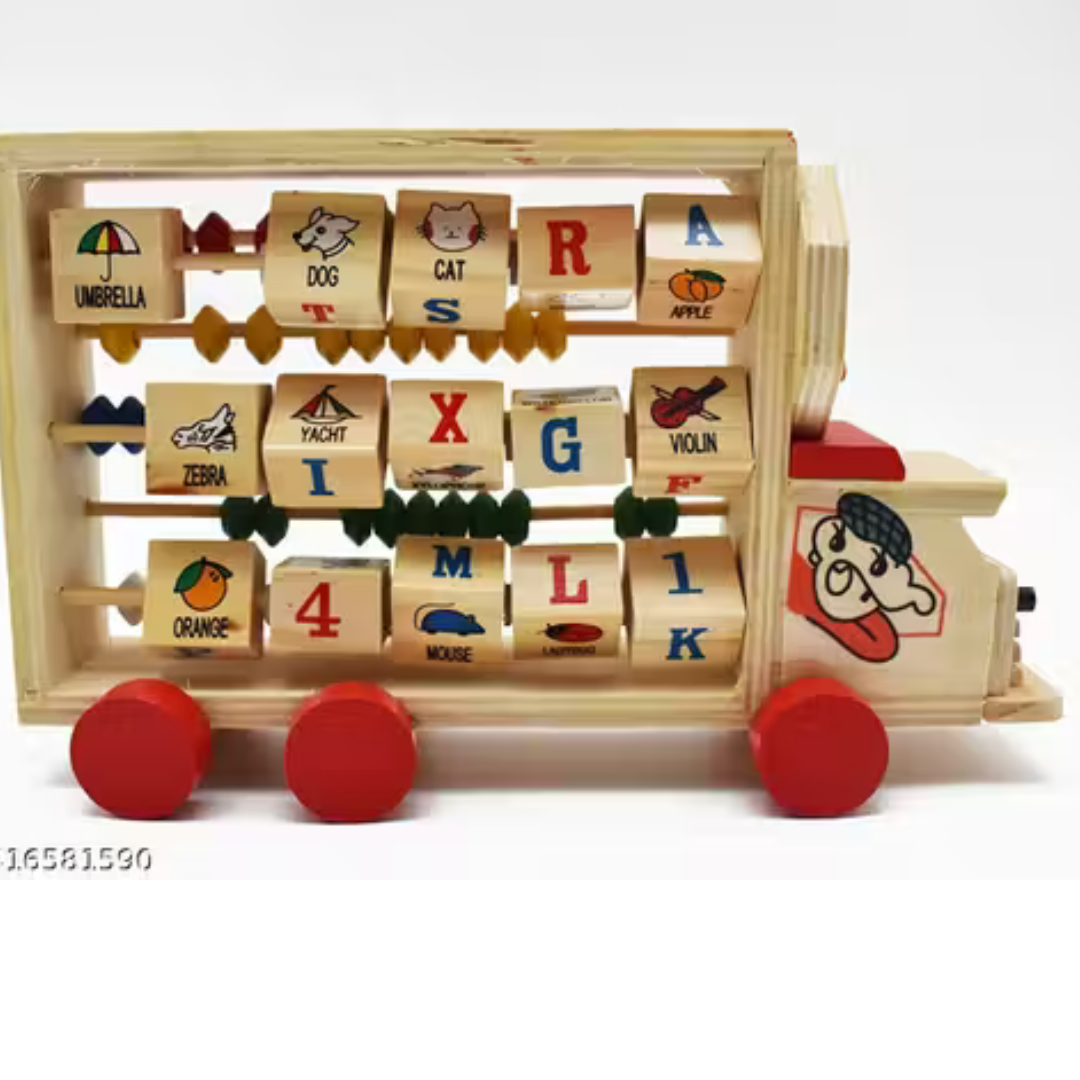 Wooden Learning Toy Car/Train - Educational Toy for Kids with Watch, Abacus, Alphabet - Push and Pull Toy for Boys and Girls